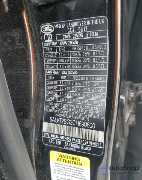 2012 Land Rover Range Rover Evoque Dynamic Premium from USA, damaged, VIN SALVT2BG3CH690800